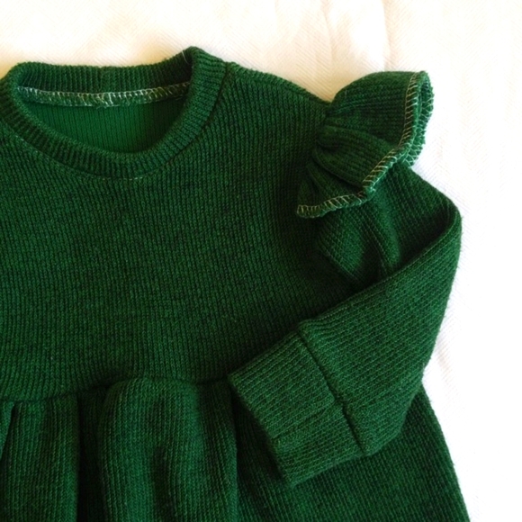 handmade green plush ribbed knit ruffle sweater dress 12-18 months baby girls - Picture 2 of 8